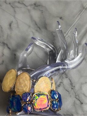 Cobalt & Ivory Opalescent Statement Bracelet Set Gold Tone Chunky Stretch Pair